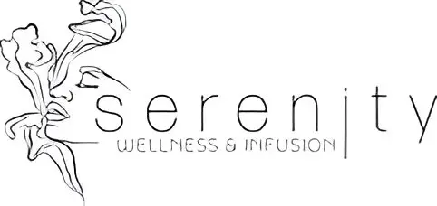 Line art of a woman's profile with flowers beside the text "Serenity Wellness & Infusion" in a minimalistic font.